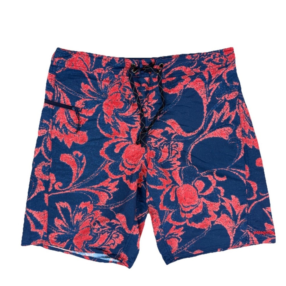Patagonia Board Shorts Men's 34 Swim Trunks Red Blue Floral Logo Ocean